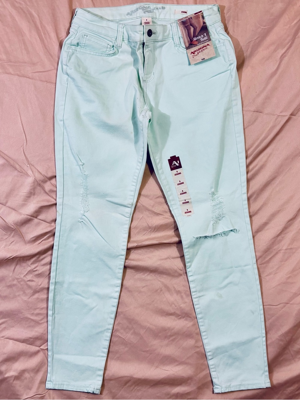 NWT Arizona Jean Co Size 9 Mint Green Stretch X Twill Distressed Jeggings